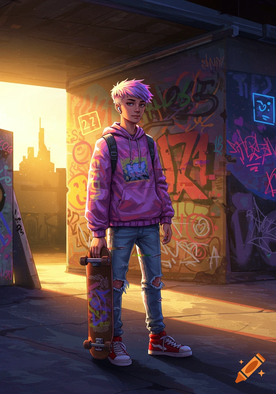 An anime-style young person with purple hair and a backpack stands with a skateboard in an urban setting with graffiti walls at sunset.
