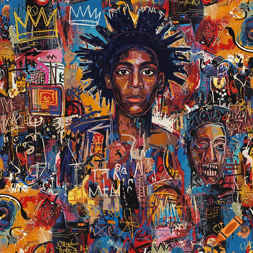 An abstract, colorful pop art portrait in the style of Basquiat, featuring a dark-skinned figure with spiky hair and a smaller, distorted face against a chaotic background of scribbles and symbols.