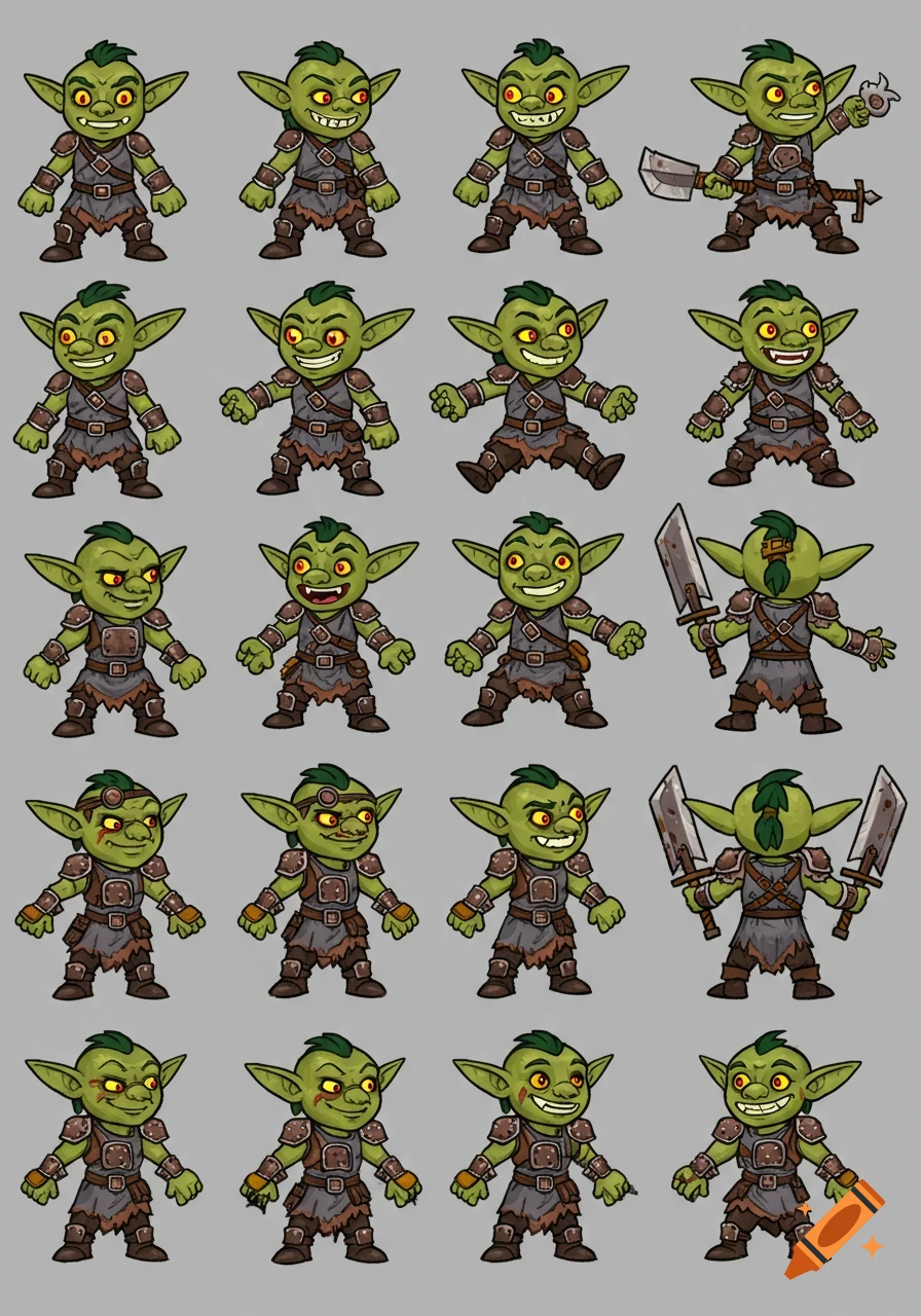 Cartoon spritesheet featuring multiple green goblins in various poses, some with weapons.