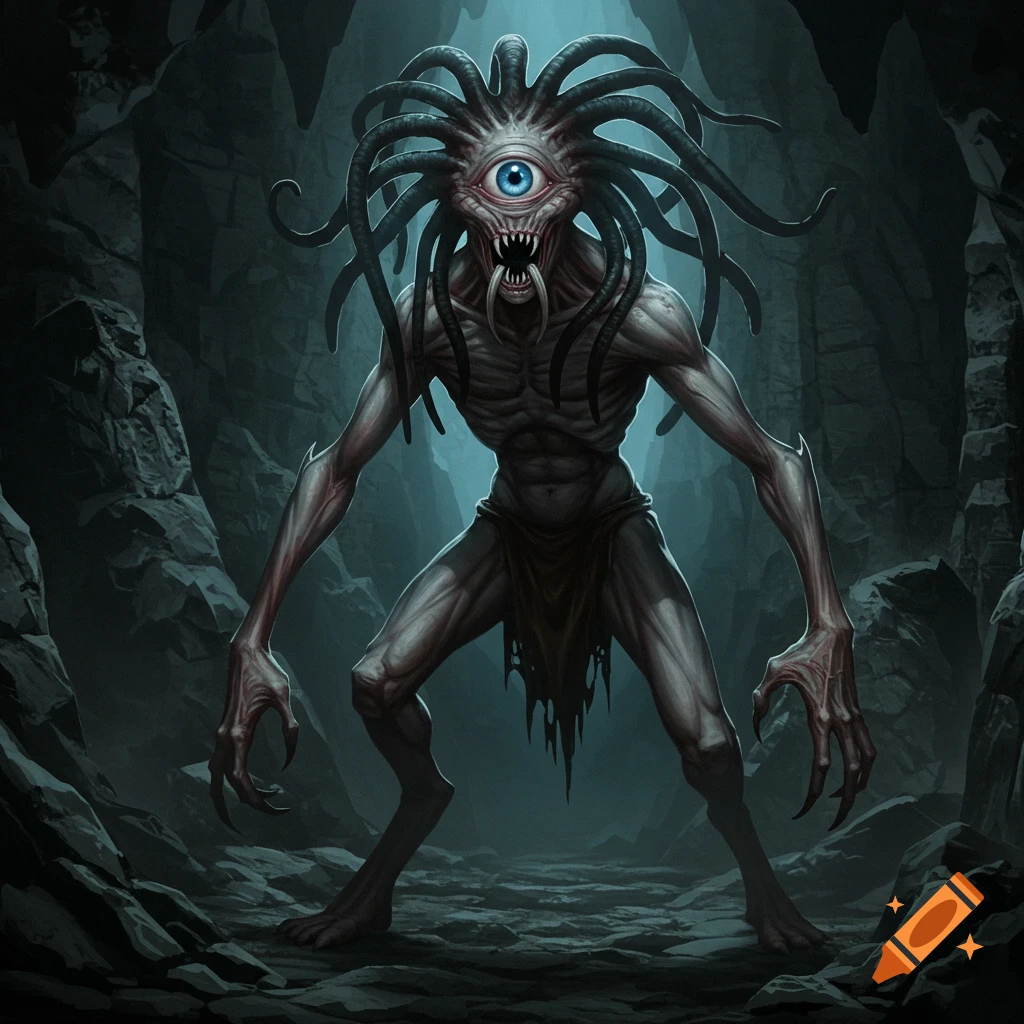 A monstrous, pale one-eyed creature with tentacles for hair, sharp teeth, and long claws stands hunched in a dark, rocky cave.