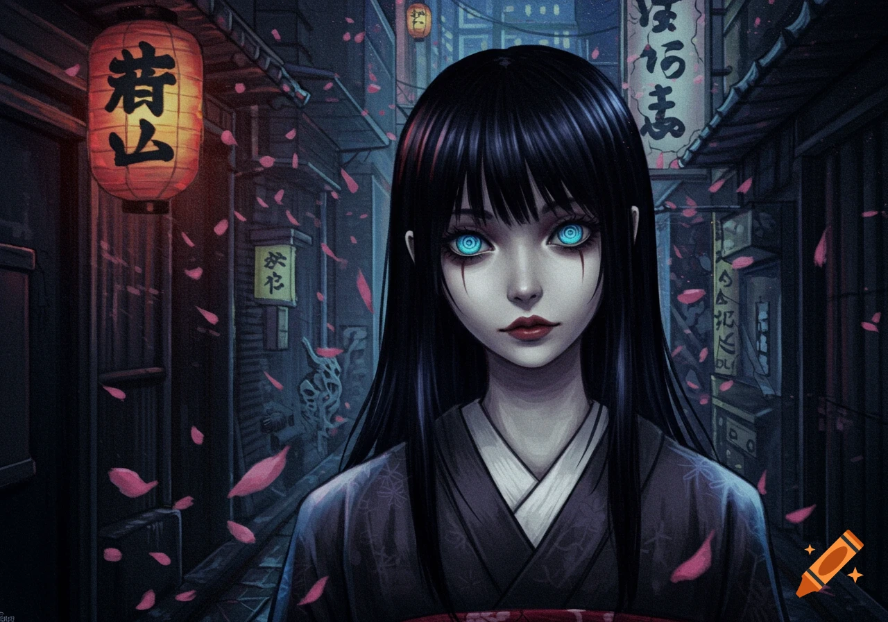 A stylized Japanese girl with glowing blue eyes and black hair stands in a dark alley with falling cherry blossoms and lanterns, in a traditional art style.