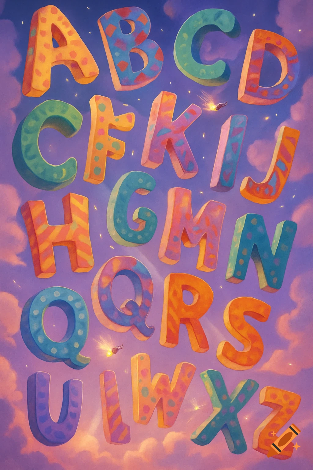 Colorful 3D alphabet letters floating in a whimsical sky with clouds.