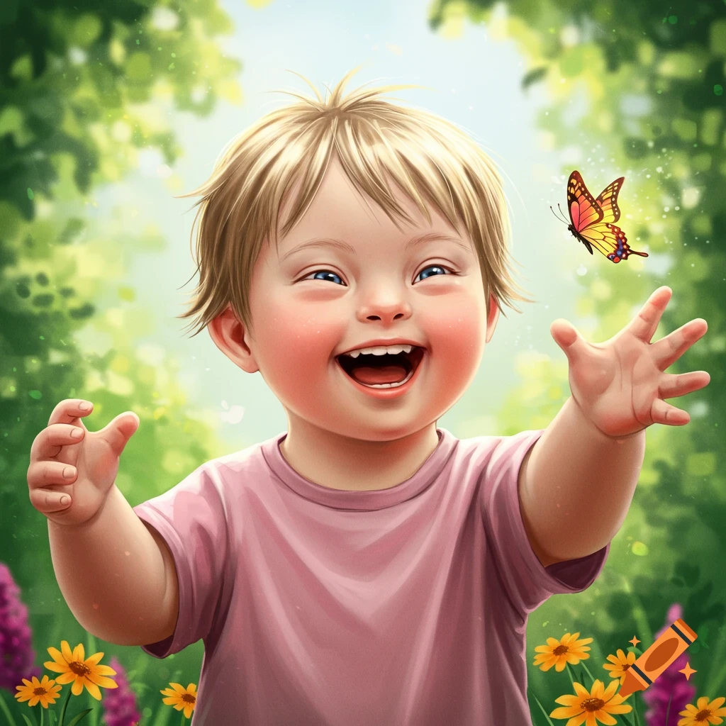 A happy blonde toddler with Down syndrome reaches for a butterfly in a sunny green garden with flowers, in an illustration style.