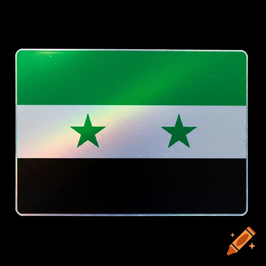 A holographic sticker of the Syrian revolution flag with green, white, and black horizontal stripes and two green stars.
