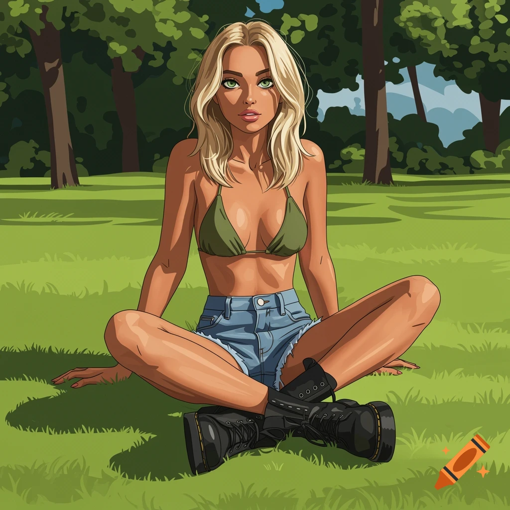 A blonde woman in an olive green bikini top, denim shorts, and black boots sits cross-legged on green grass in a sunny park, in a stylized illustration.