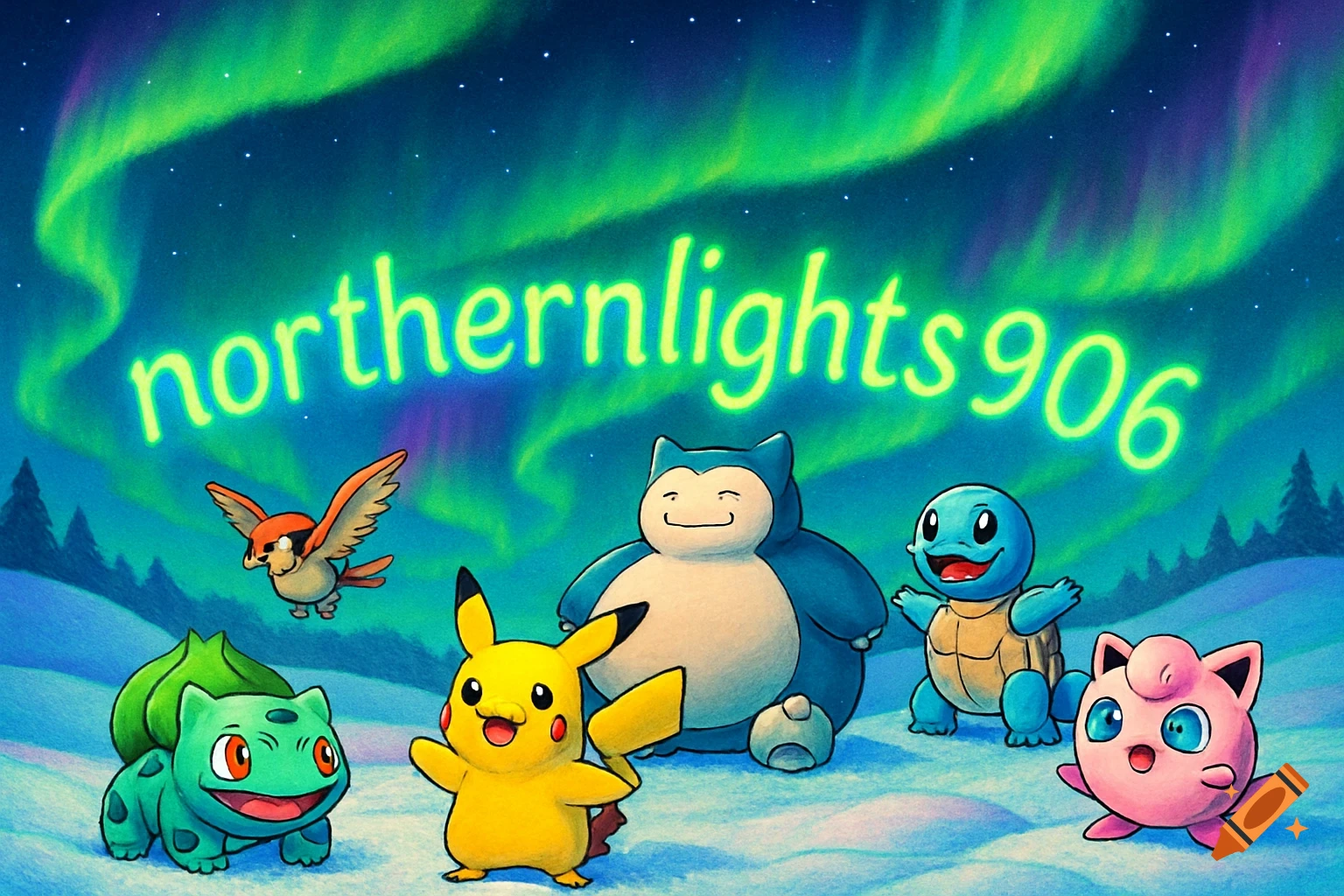 Pikachu and other Pokemon stand in a snowy landscape under green Northern Lights, with 'northernlights906' text above.
