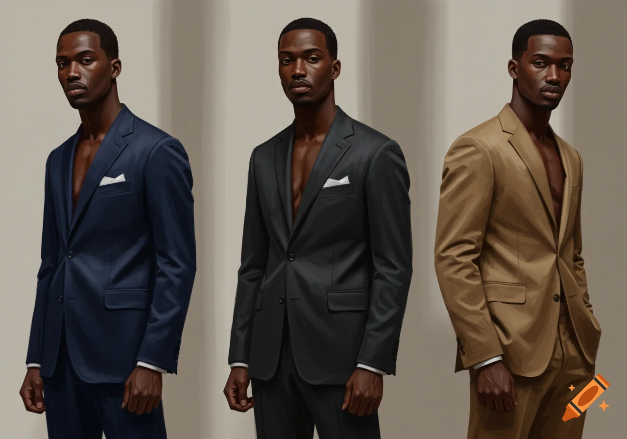 Three Black men in tailored navy, charcoal, and tan suits, standing against a neutral background in an illustrative style.