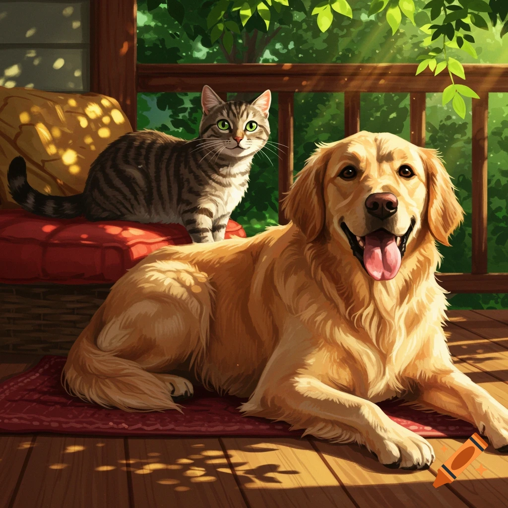 An illustrated tabby cat on a red cushion and a golden retriever on a rug on a sunny wooden porch with green foliage.