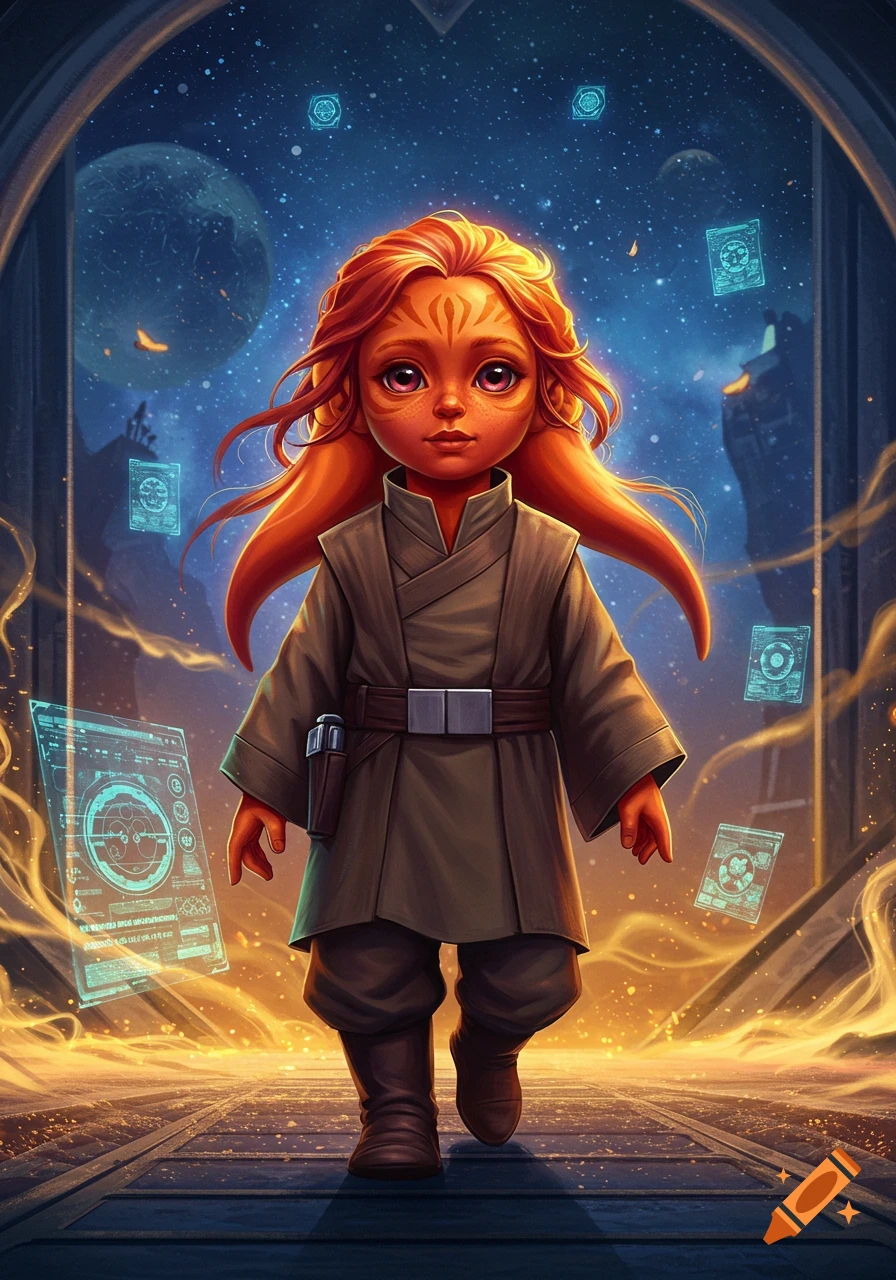 A small, orange-skinned alien child with long red hair and a robe walks on a futuristic path, surrounded by glowing holographic displays and a starry night sky with planets.