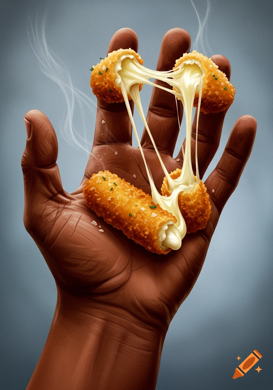 A dark-skinned hand holds several hot, steaming mozzarella sticks, with melted cheese stretching from the broken ones. Salt specks are visible.