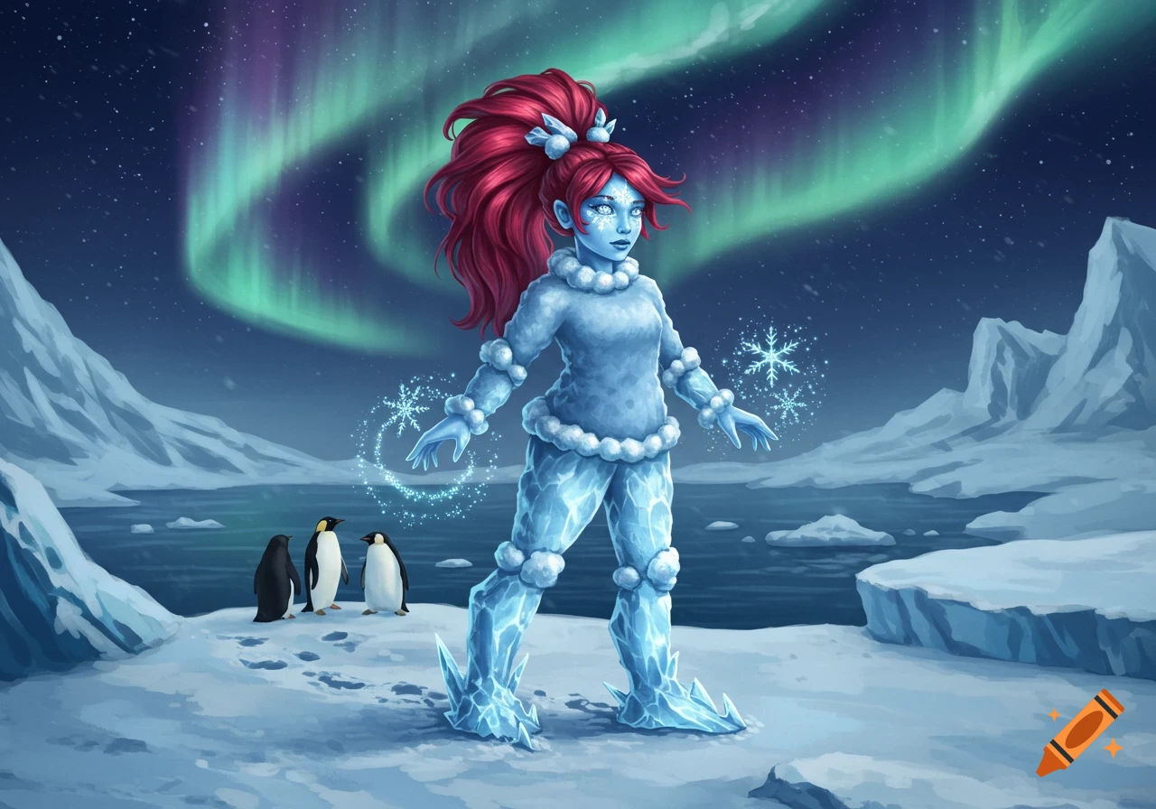 An illustration of an ice girl with red hair, blue skin, and snow/ice clothing, creating snowflakes in an arctic landscape with penguins under the aurora borealis.