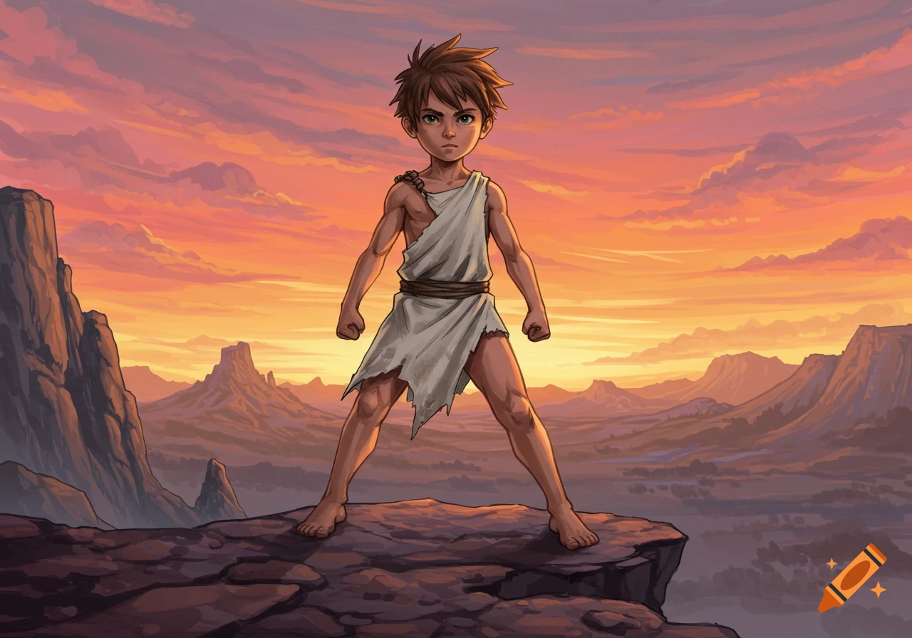 An illustration of a determined boy in a tattered tunic standing on a rocky cliff overlooking mountains at sunset.