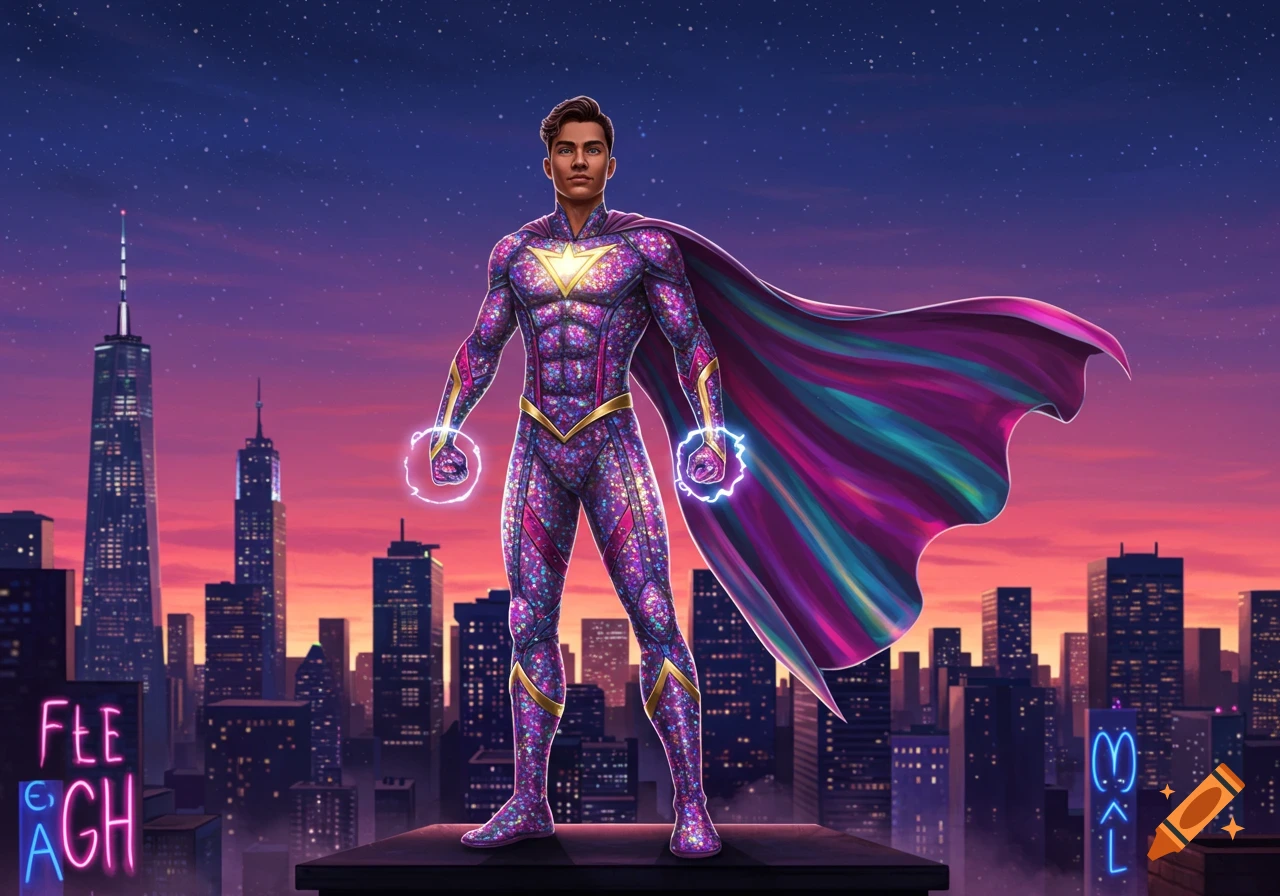 A superhero in a sparkling purple and gold suit with a flowing pink and blue cape stands on a rooftop overlooking a city at sunset, with energy glowing around his hands.