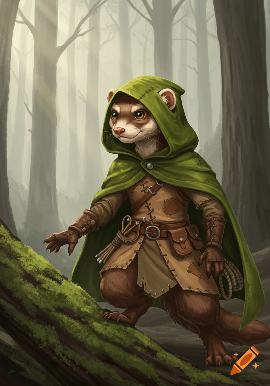 A detailed painting of an anthropomorphic ferret in a green hooded cloak and leather armor, crouching in a misty forest.