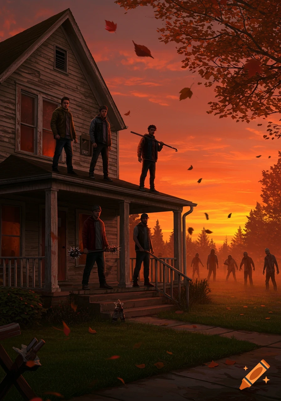 Men on a house and porch defend against approaching zombies at sunset, with a fiery orange sky.