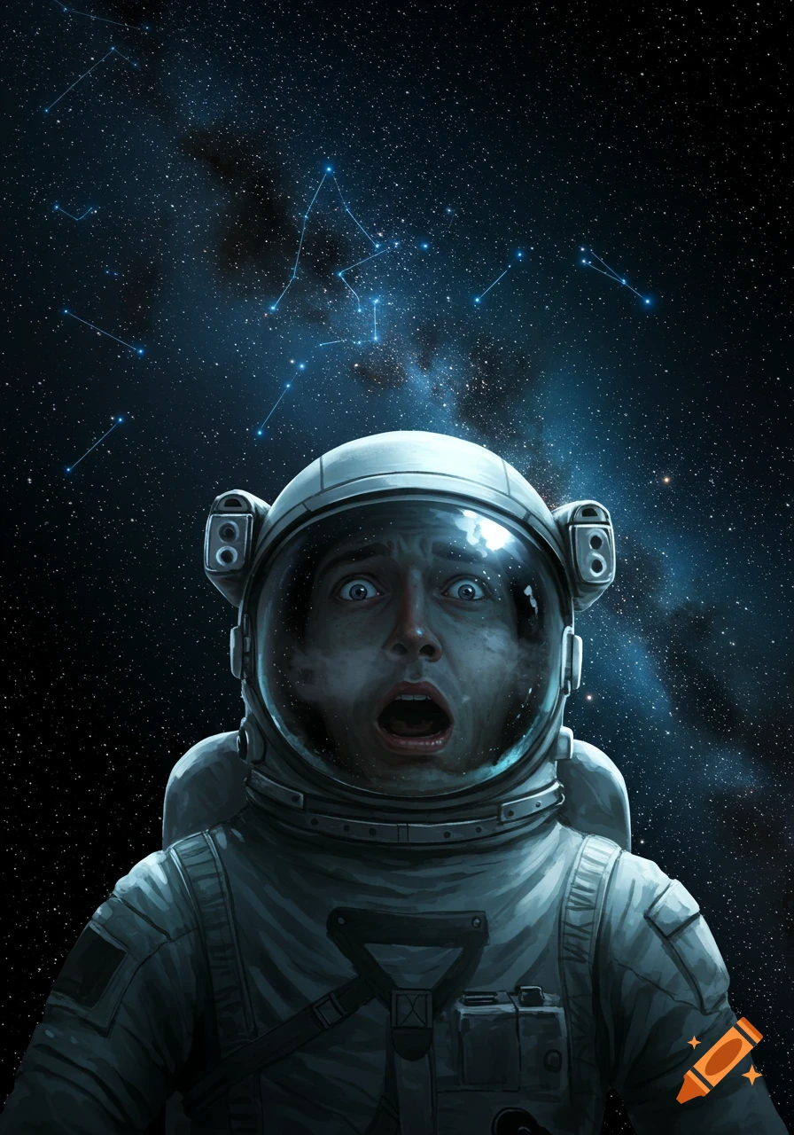 Close-up digital painting of a terrified astronaut in a spacesuit, mouth agape, floating in deep space with constellations in the background.