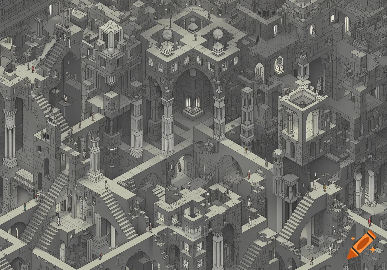 An isometric drawing in the style of M.C. Escher, featuring a complex grey stone labyrinth with impossible staircases and arches, populated by tiny figures.