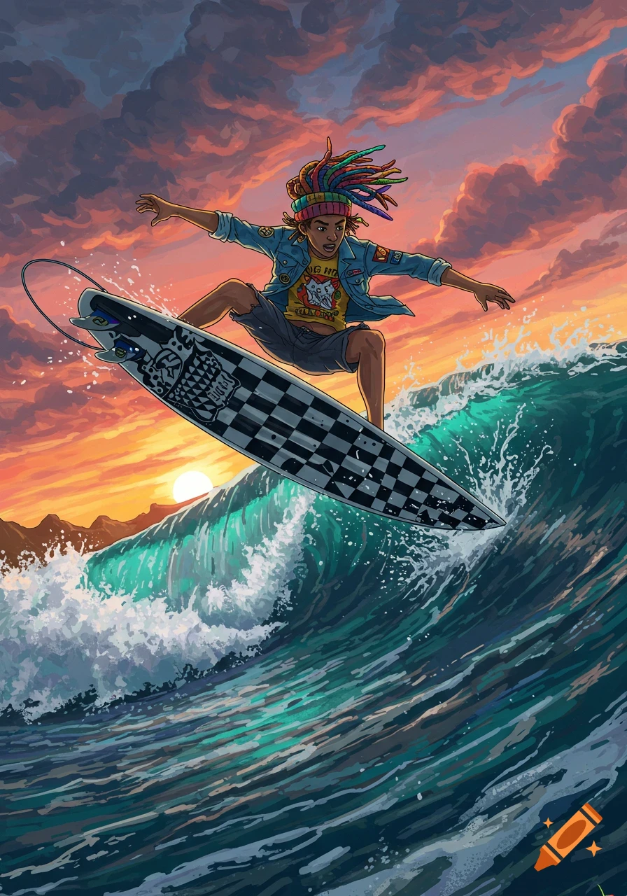 An illustrated surfer with colorful dreadlocks catches a large wave at sunset, on a surfboard with a checkerboard pattern.