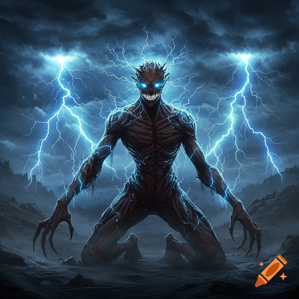 A monstrous, skeletal creature with glowing blue eyes and lightning emanating from its body kneels in a dark, stormy landscape.