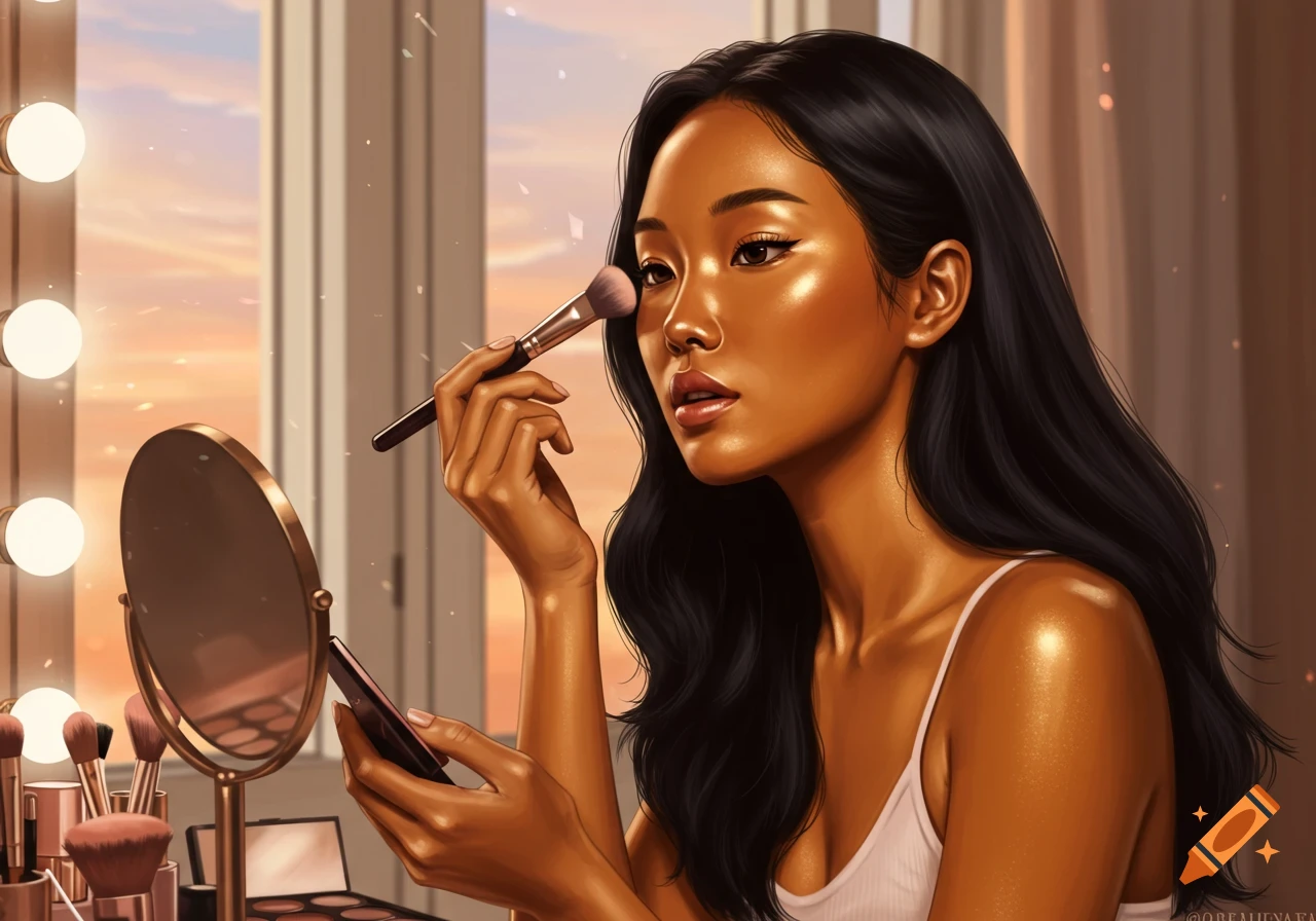 Stylized portrait of a woman applying blush with a brush, looking into a mirror, with vanity lights and a window in the background.