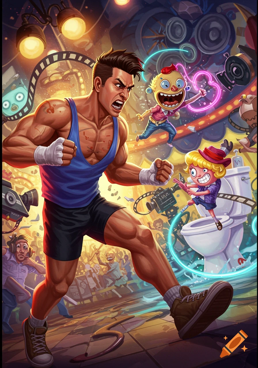 A muscular boxer in a blue tank top and black shorts strides forward, yelling, with a cartoonish creature and a small blonde character fighting a toilet in the chaotic background.