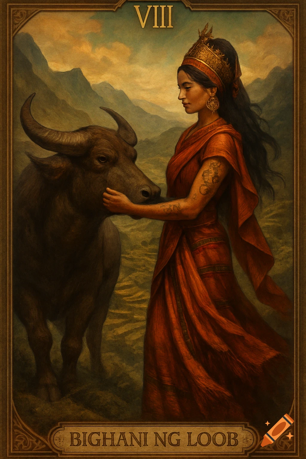 A majestic painting of an Igorot woman in traditional attire gently touching a carabao in a mountainous landscape with text 'VIII' and 'BIGHANI NG LOOB'.
