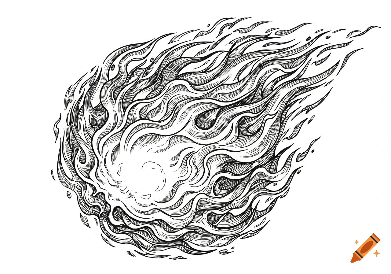 Black and white line art drawing of a fiery comet or fireball against a white background.
