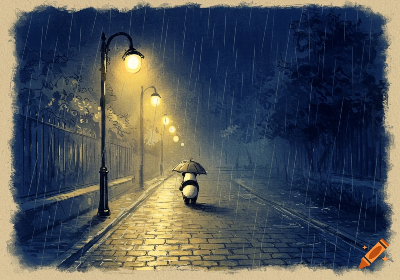 A lone panda holding an umbrella walks down a dark, wet street under bright streetlights in a sketch art style on a rainy night.