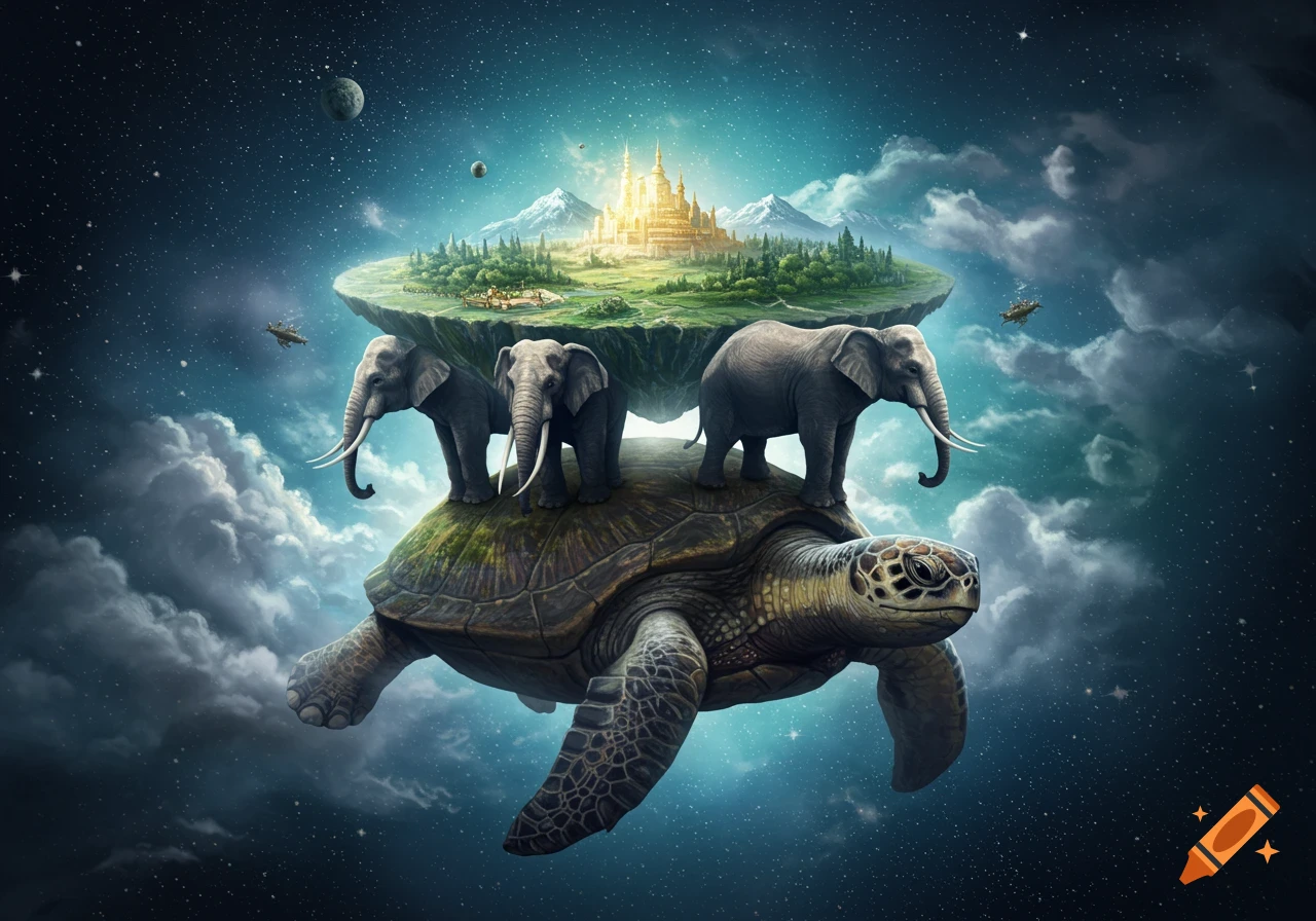 A giant turtle floats in space, carrying four elephants supporting a floating island with a golden castle and trees, surrounded by stars and clouds.