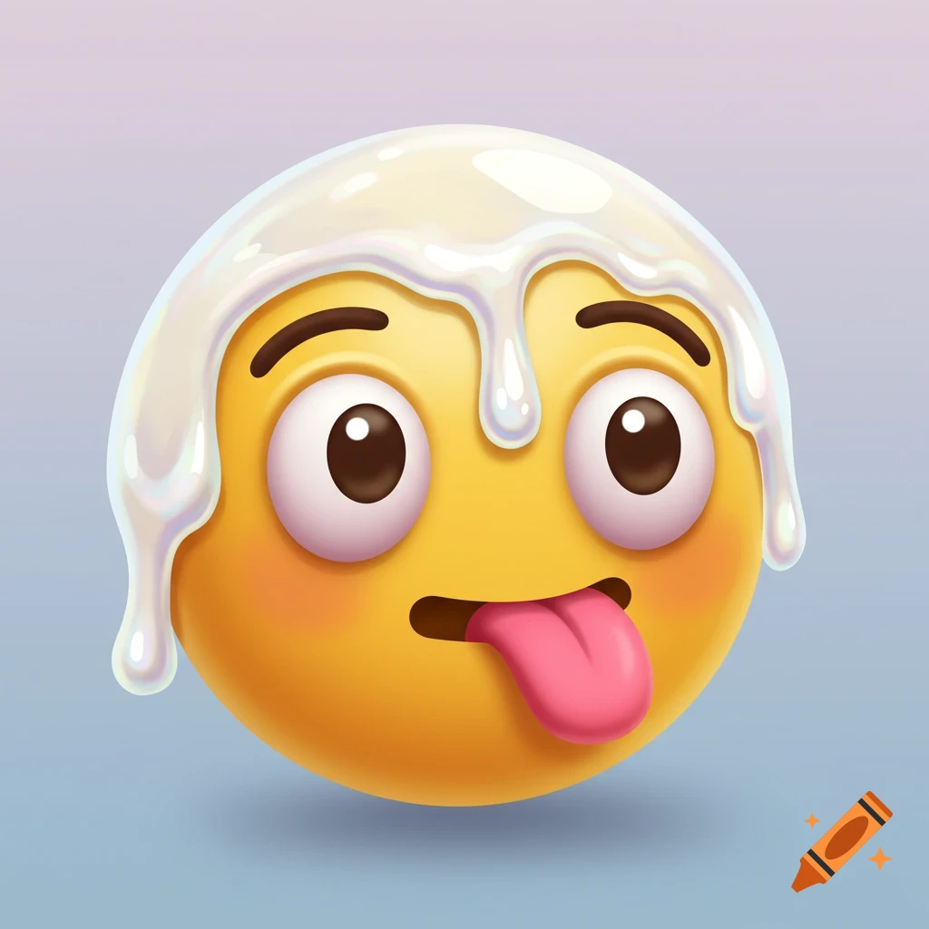 A yellow emoji with big eyes, a tongue sticking out, and white slime dripping over its head.