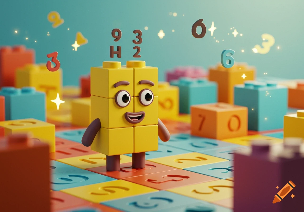 A smiling yellow block character with eyes and mouth, surrounded by colorful building blocks and floating numbers and letters in a bright, playful scene.