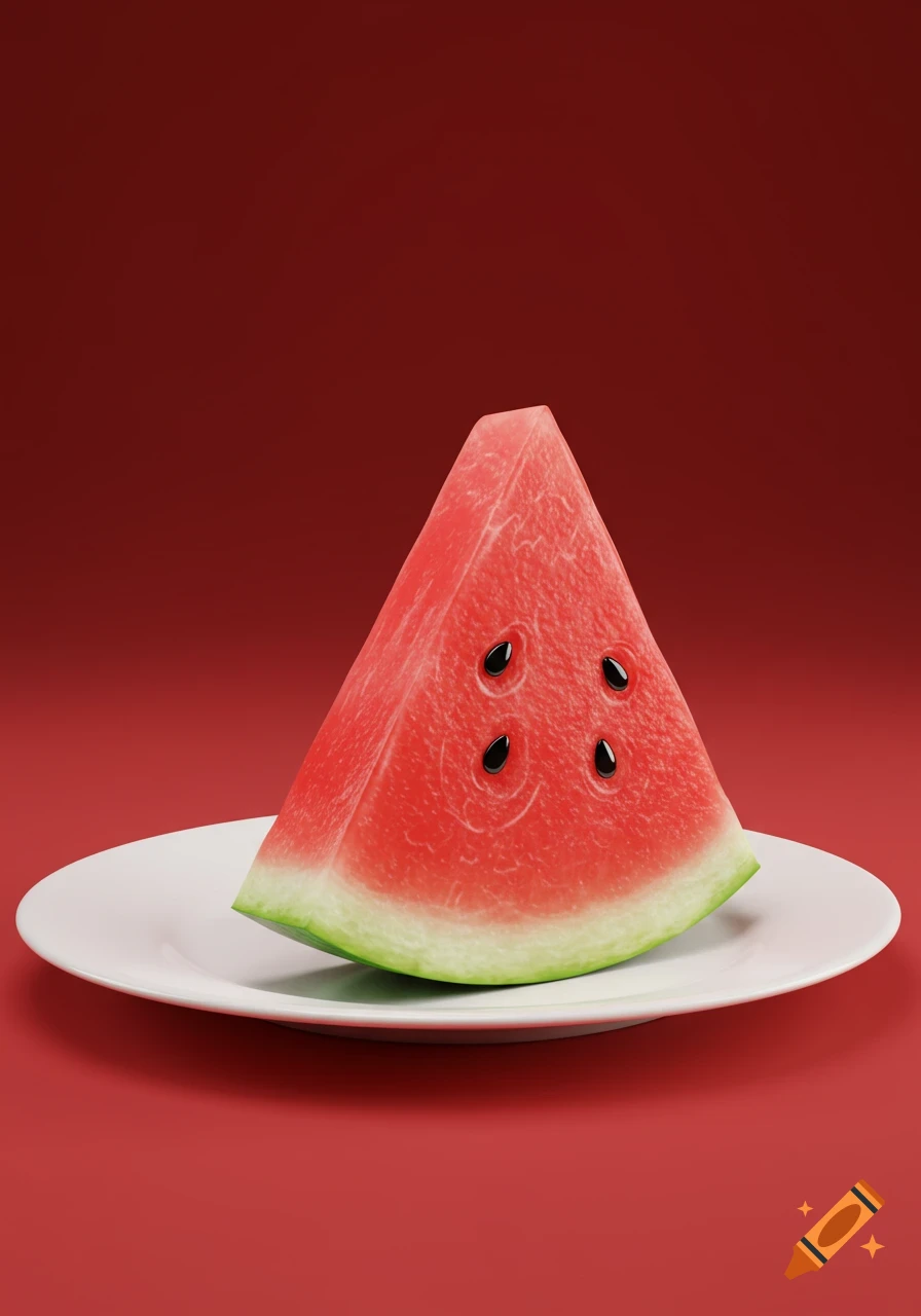A triangular slice of red watermelon with black seeds sits on a white plate against a solid red background.