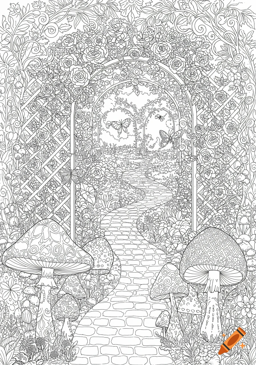 A detailed black and white line art coloring page of a whimsical garden path lined with mushrooms, flowers, and an archway adorned with roses and butterflies.