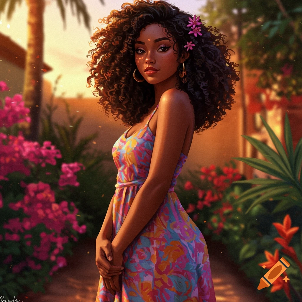A stylized digital art illustration of a woman with dark curly hair and flowers, wearing a colorful floral dress, standing in a sunlit garden.