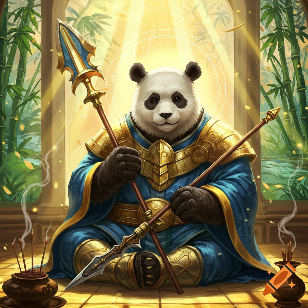 A panda saint in ornate blue and gold robes sits holding spears, surrounded by bamboo and light rays, with incense.