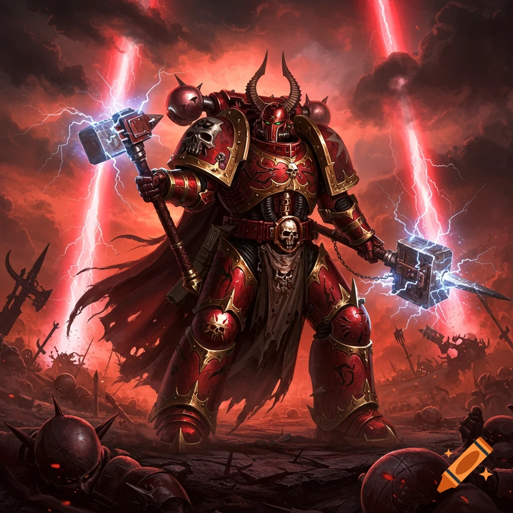 A heavily armored red and gold Chaos Space Marine stands on a battlefield, holding two glowing hammers amid red lightning.