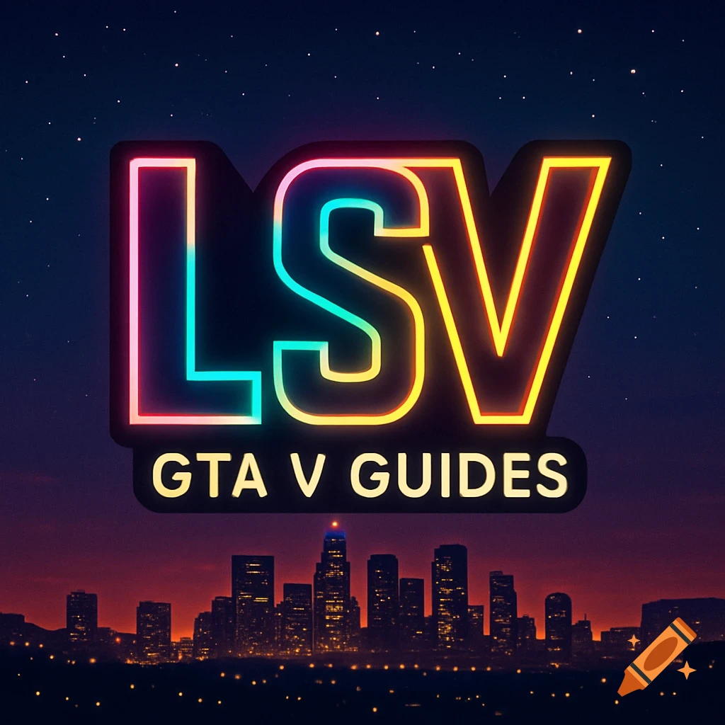Neon LSV logo with 'GTA V GUIDES' text over a Los Santos city skyline at night.