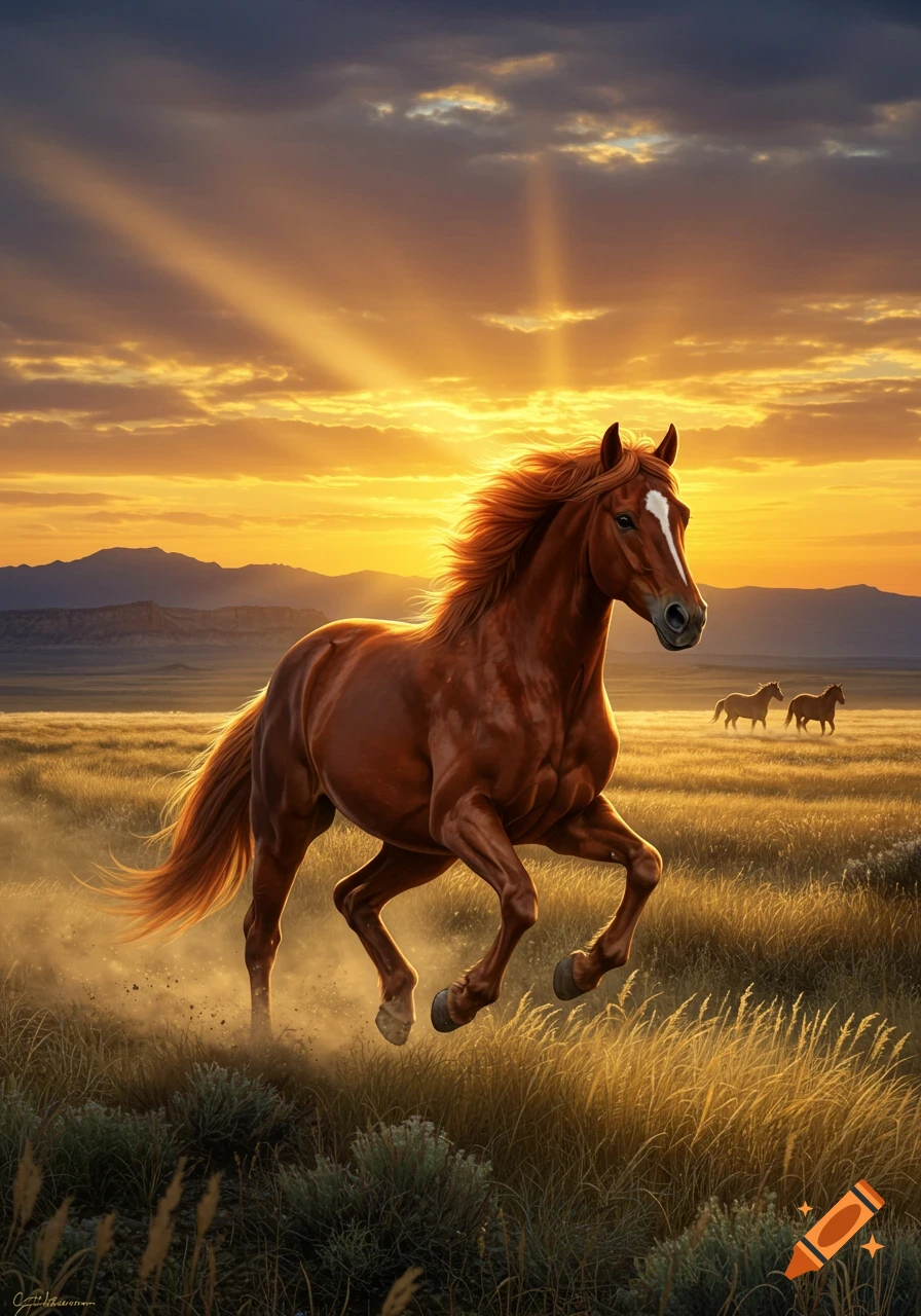 A brown horse gallops through a grassy field at sunset, with sun rays piercing through clouds and mountains in the distance.