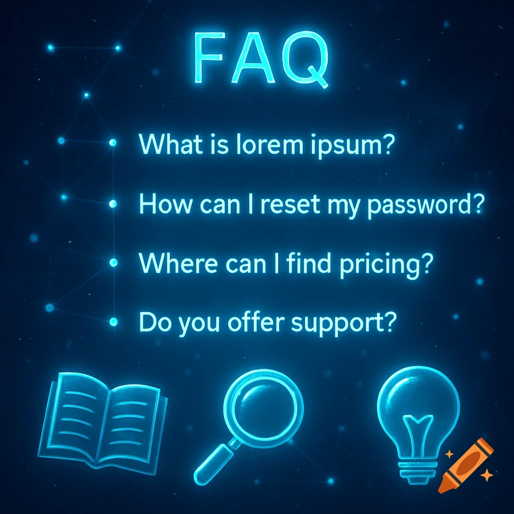 A digital blue neon sign for FAQ with common questions and icons for a book, magnifying glass, and lightbulb.