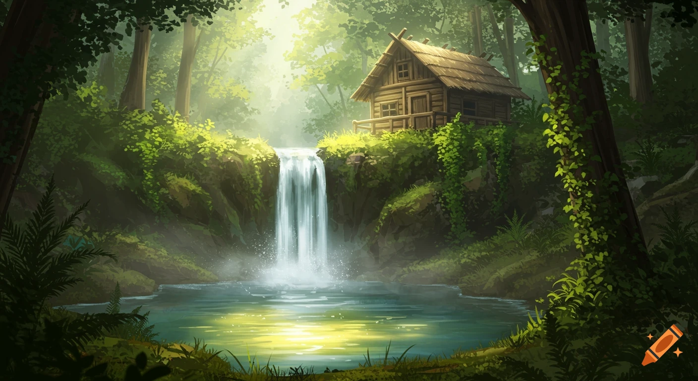 A wooden cabin by a waterfall emptying into a pool in a sunlit green forest, in an illustrative style.