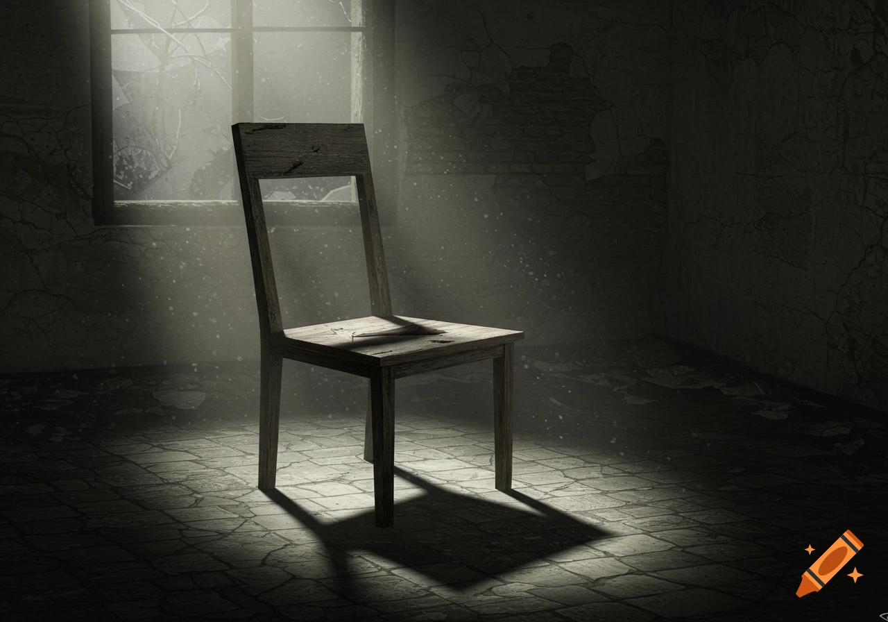 An old wooden chair sits alone in a dark, dusty, abandoned room, illuminated by light streaming from a broken window.