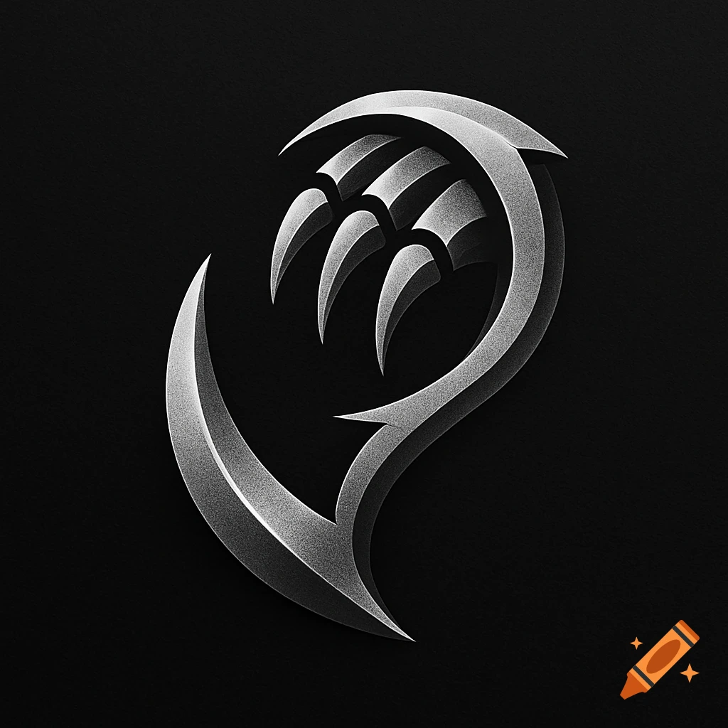 A stylized silver logo featuring a claw and a fang on a black background.