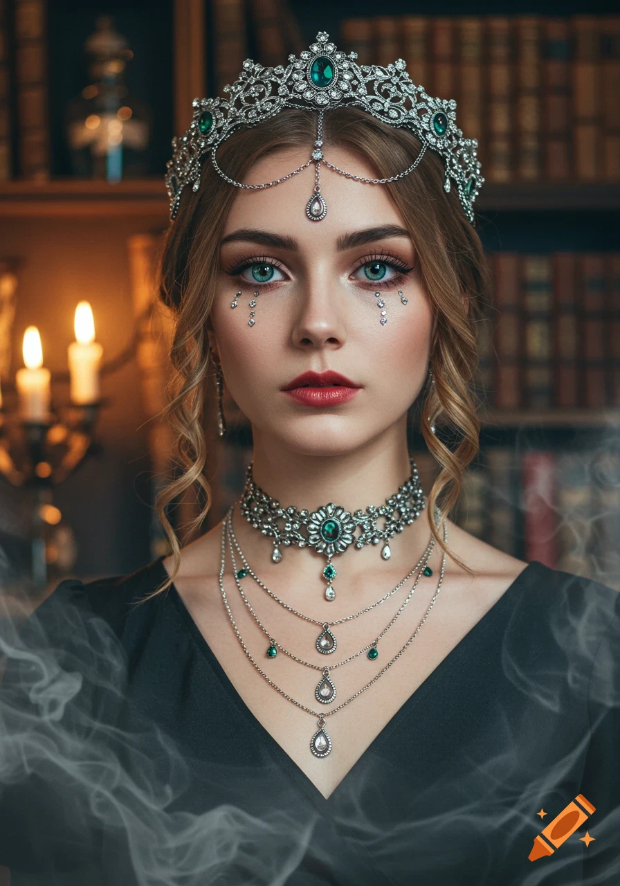 A woman with a silver and emerald crown and ornate jewelry in a dark dress, looking directly at the viewer.