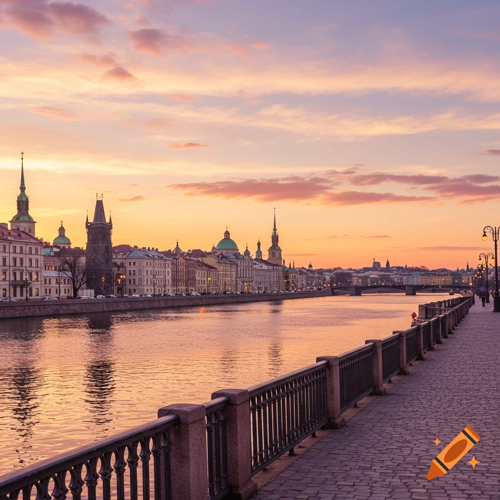A photorealistic cityscape along a river at sunset, with buildings and towers under a pastel orange and pink sky.
