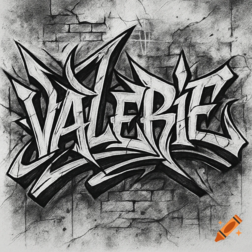 Black and white wildstyle graffiti sketch of the name VALERIE on a brick wall.