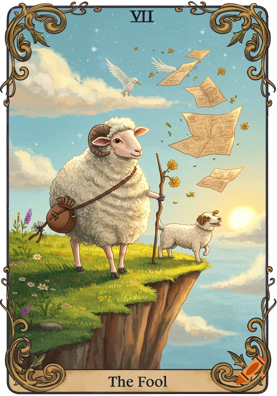 A whimsical tarot card, The Fool, featuring a sheep as the main figure with a dog beside it on a cliff edge, with maps floating in the sky.