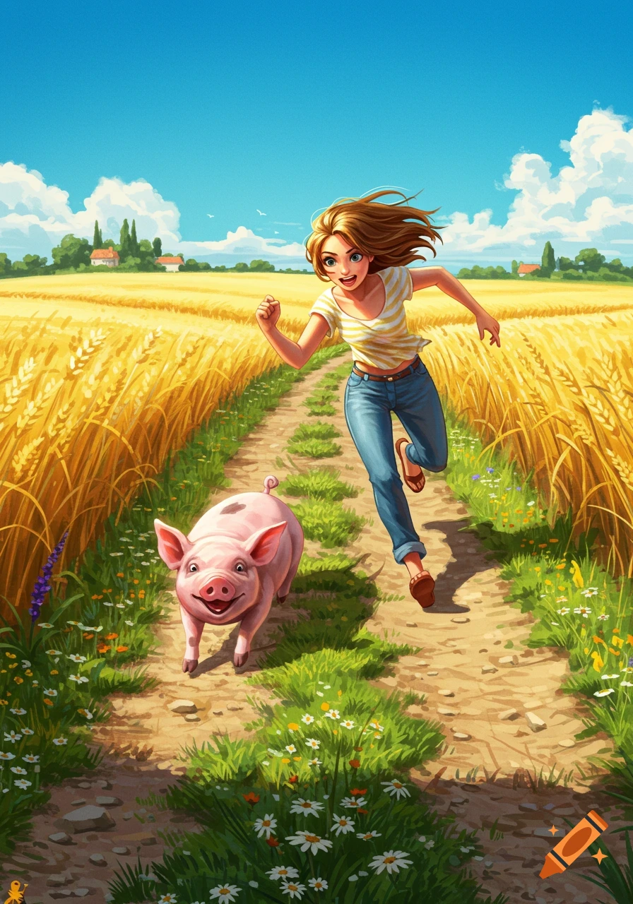 A cartoon girl with long hair and a pig happily run down a dirt path through a golden wheat field under a blue sky.