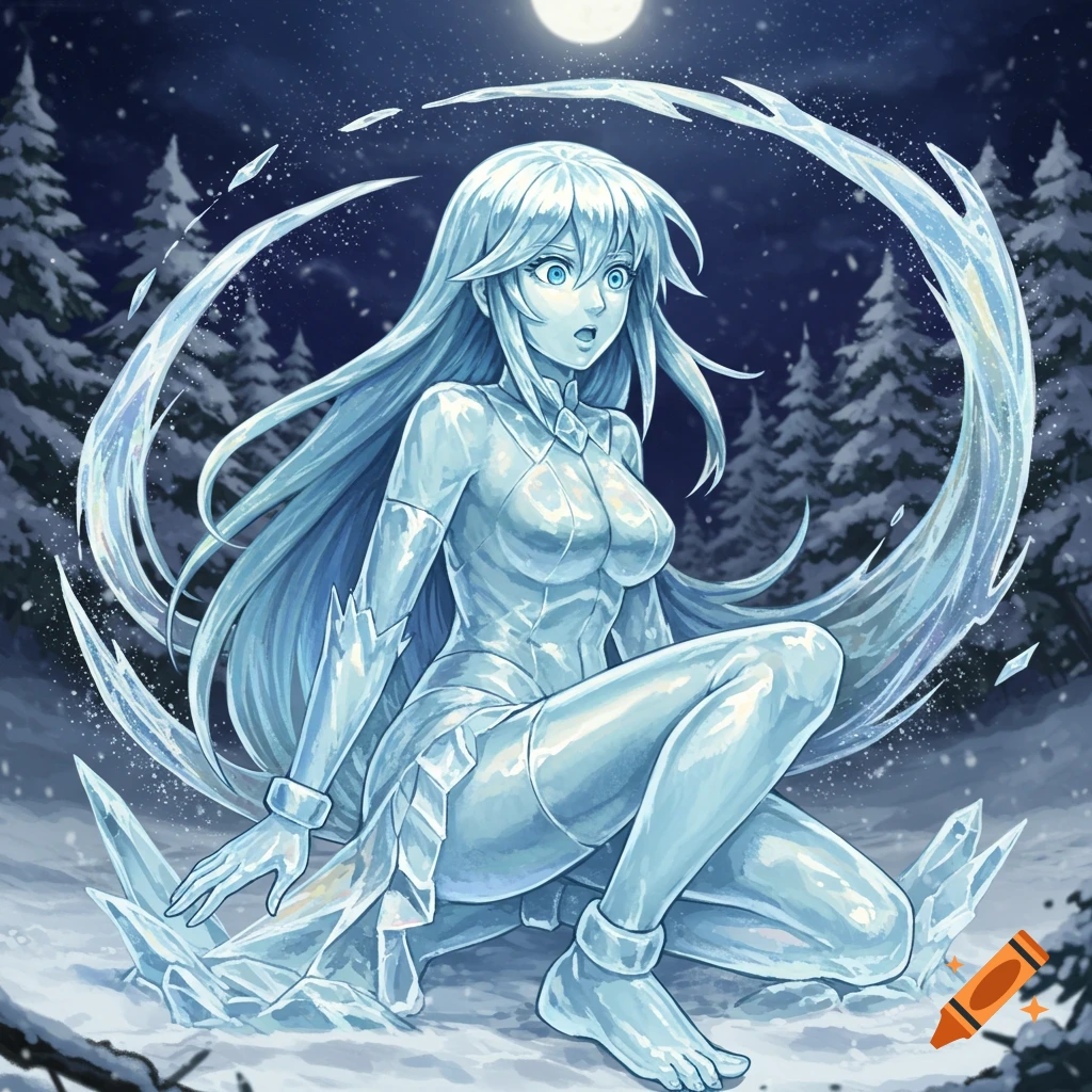 Anime-style ice statue of a woman crouching in a snowy forest under a full moon.