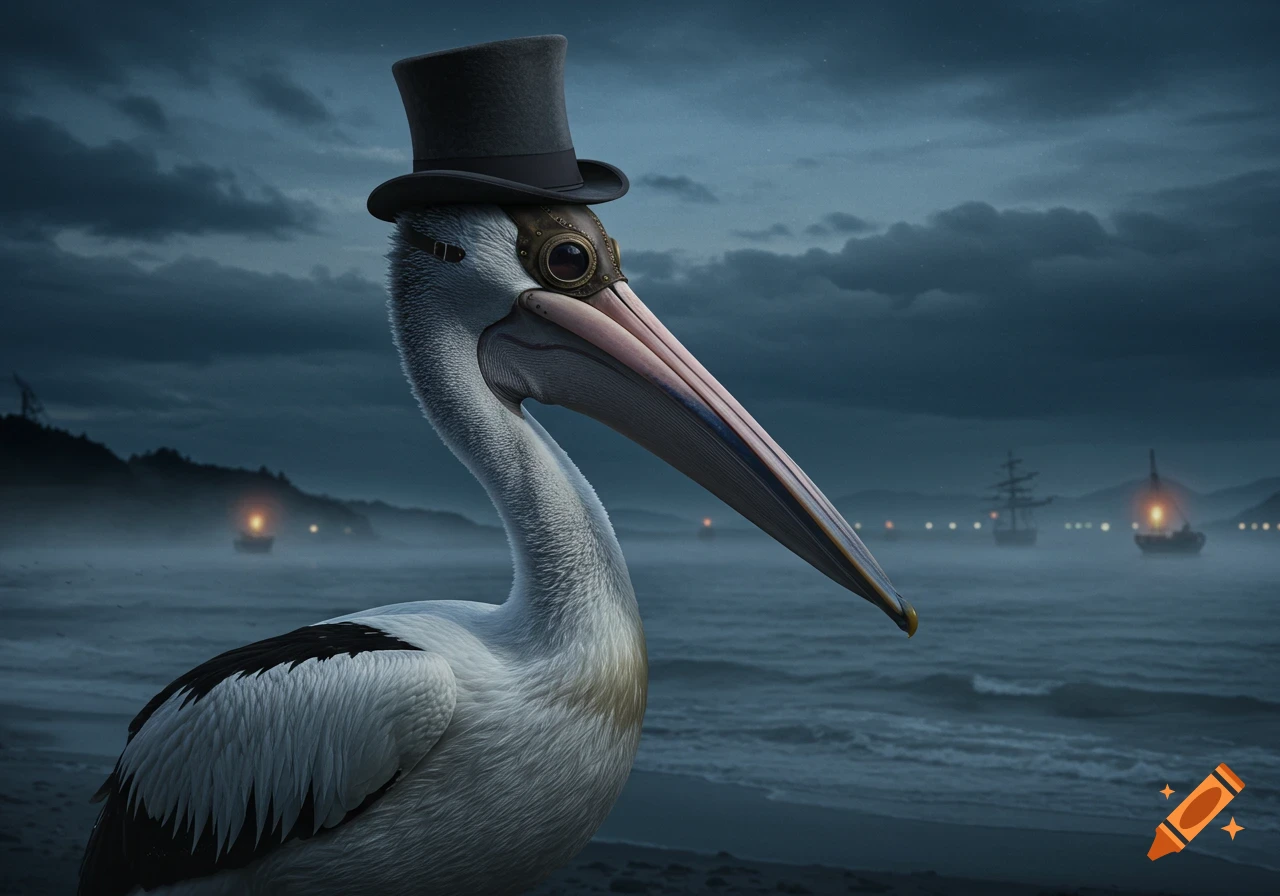 A white pelican wearing a dark top hat and steampunk goggles on a stormy beach with ships in the foggy background.