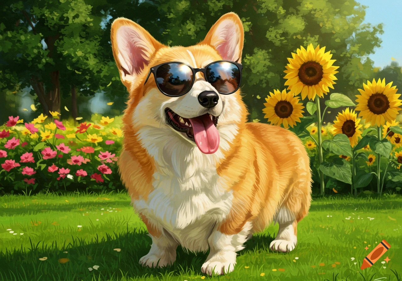 A happy corgi with dark sunglasses stands in a sunny, vibrant green field with colorful flowers and sunflowers, in a digital painting style.